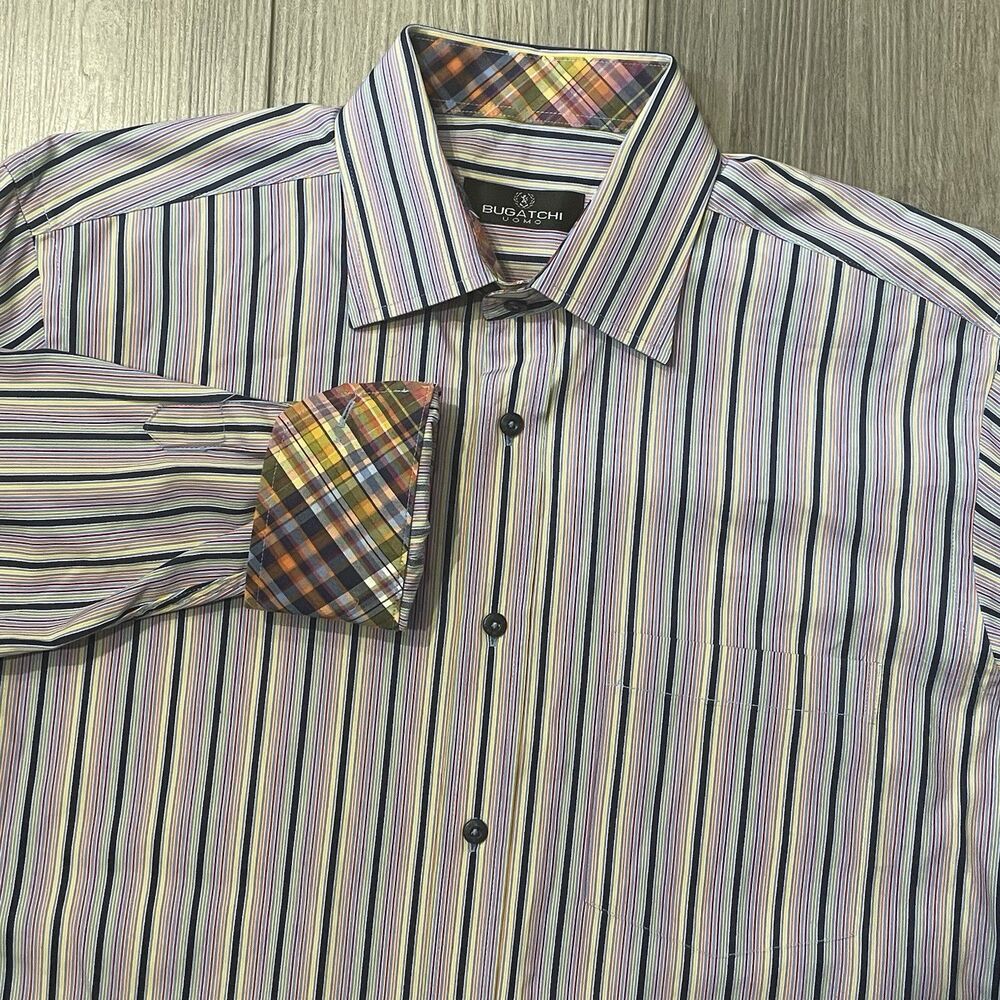 Bugatchi Button Up Shirt Men's L Multi Stripes Flip Cuff Business Long Sleeve
